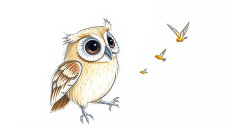 A heart-warming hand-drawn sketch in the style of Pixar depicts a blind owl with luminous, glowing feathers bathed in a sunbe