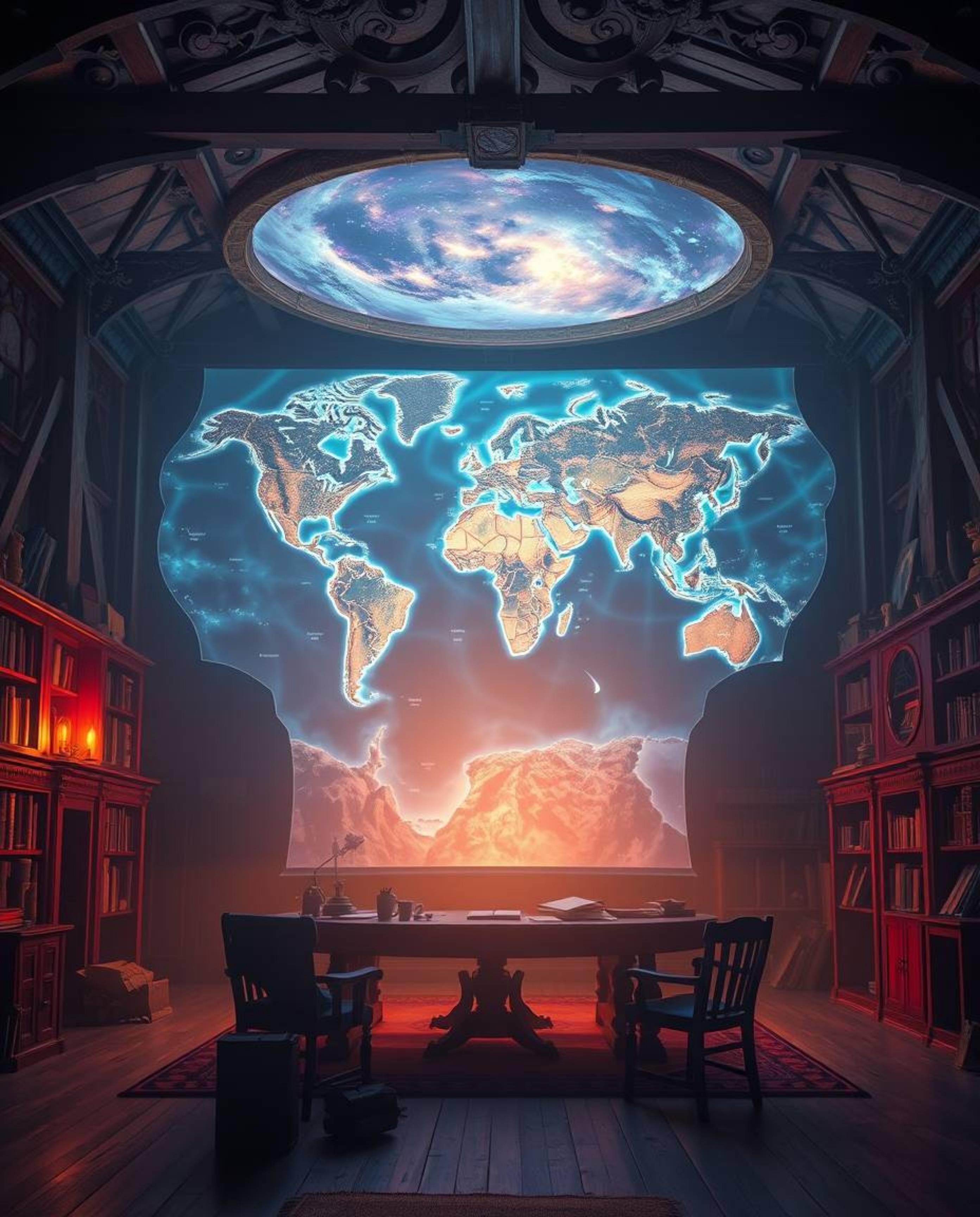 Experience an epic scene rendered in soft pastel and bioluminescent colors, showcasing a glowing map projected within the con