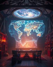 Experience an epic scene rendered in soft pastel and bioluminescent colors, showcasing a glowing map projected within the con