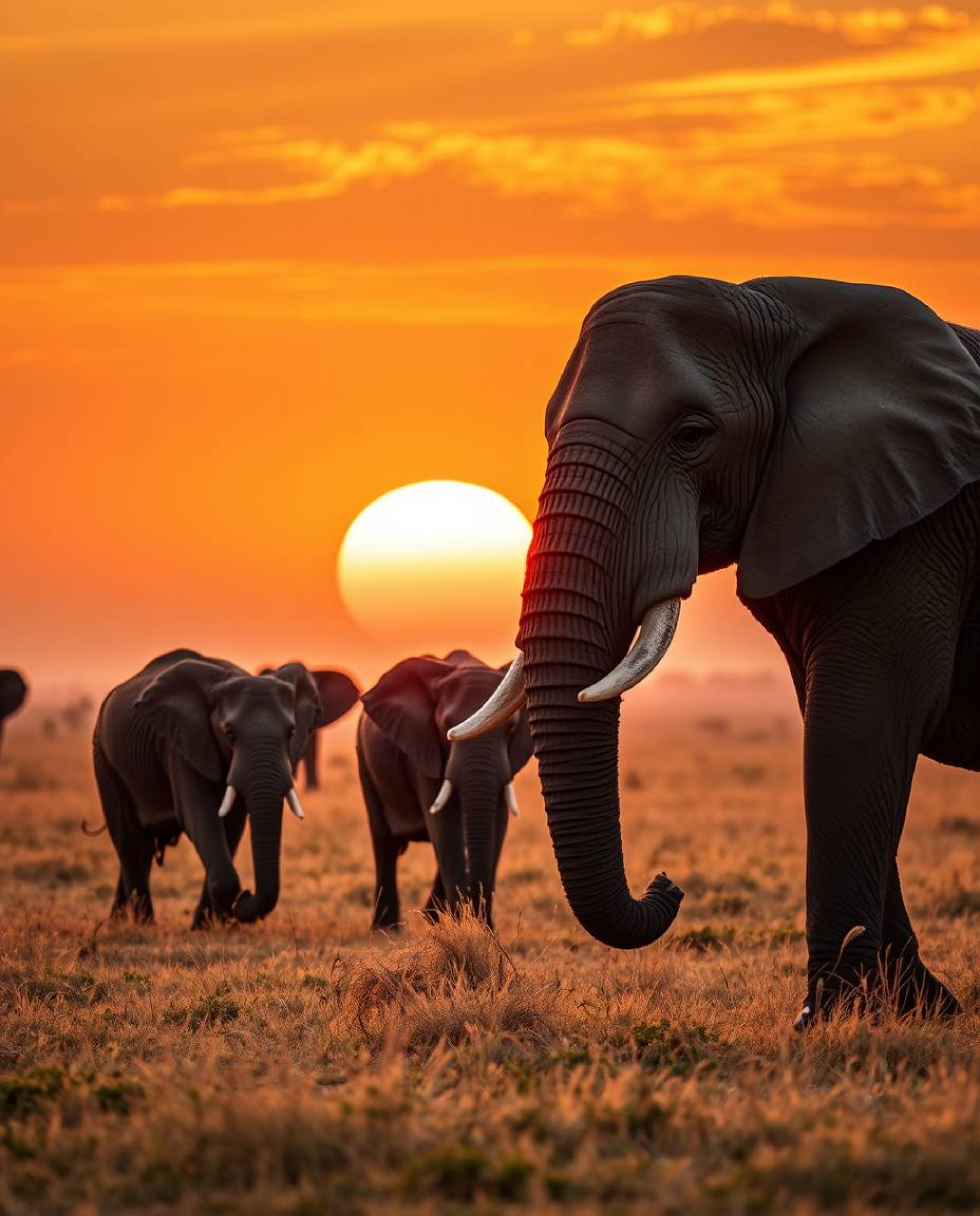 A high-resolution stock photo featuring elephants walking across a field at sunset, bathed in warm golden hour light. The ima