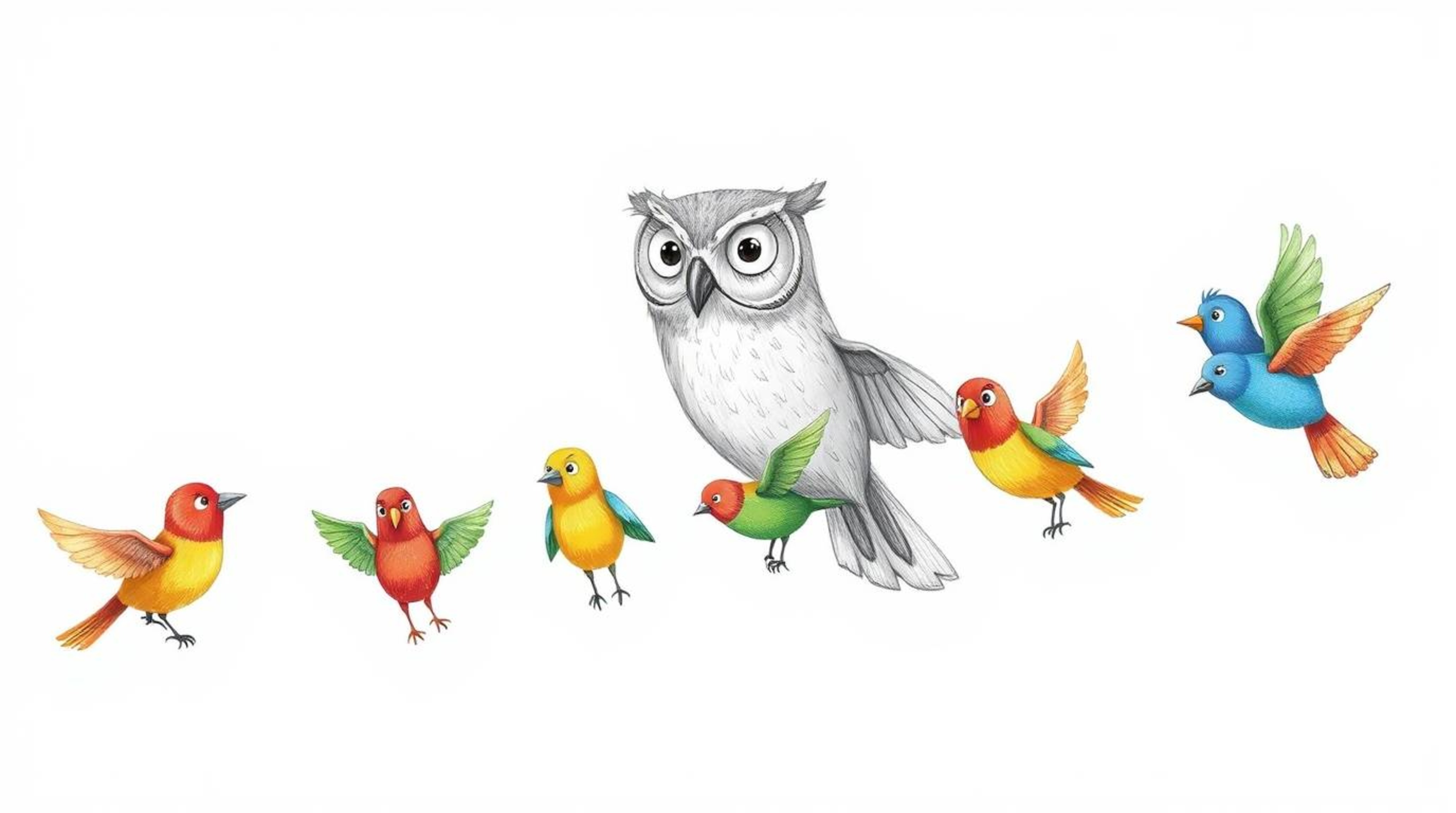A visually captivating scene portrays a blind, wise-looking owl, rendered with detailed, textured pencil strokes, leading a f