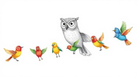 A visually captivating scene portrays a blind, wise-looking owl, rendered with detailed, textured pencil strokes, leading a f