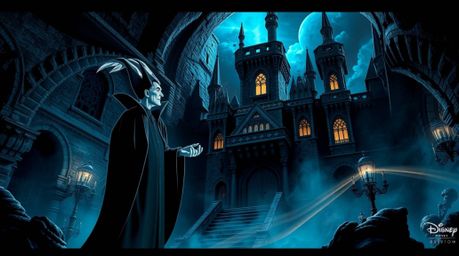 A classic Disney villain unleashes a spell within the walls of an ancient castle, reimagined in a futuristic sci-fi style.  T