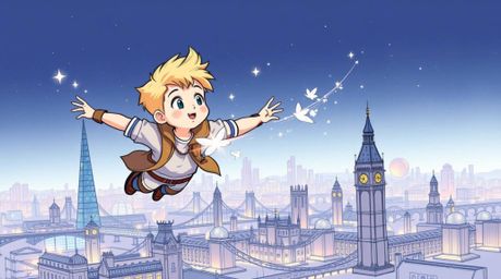 A captivating hand-drawn sketch showcases a young boy with fair skin and blonde hair, soaring above London with the aid of ma