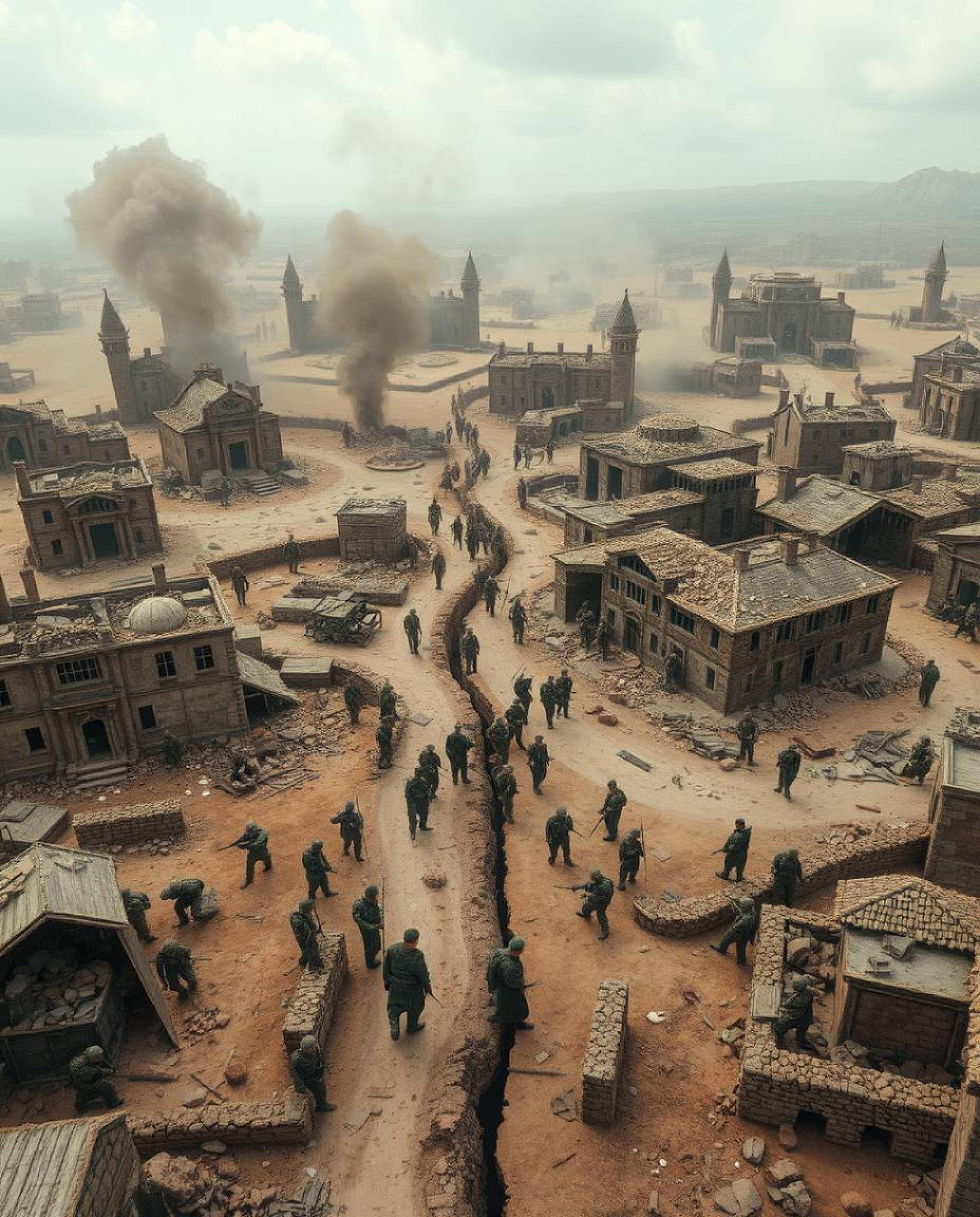 Explore a high-angle perspective of a distinct battlefield, showcasing time-warped soldiers and crumbling buildings divided i