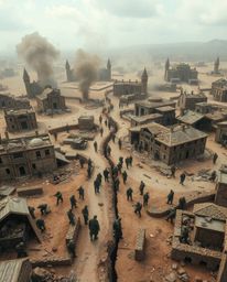 Explore a high-angle perspective of a distinct battlefield, showcasing time-warped soldiers and crumbling buildings divided i