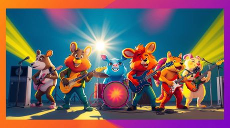 A captivating split-screen image showcases a cartoon animal band rocking out!  Bold colors, bright lens flares, and dynamic c