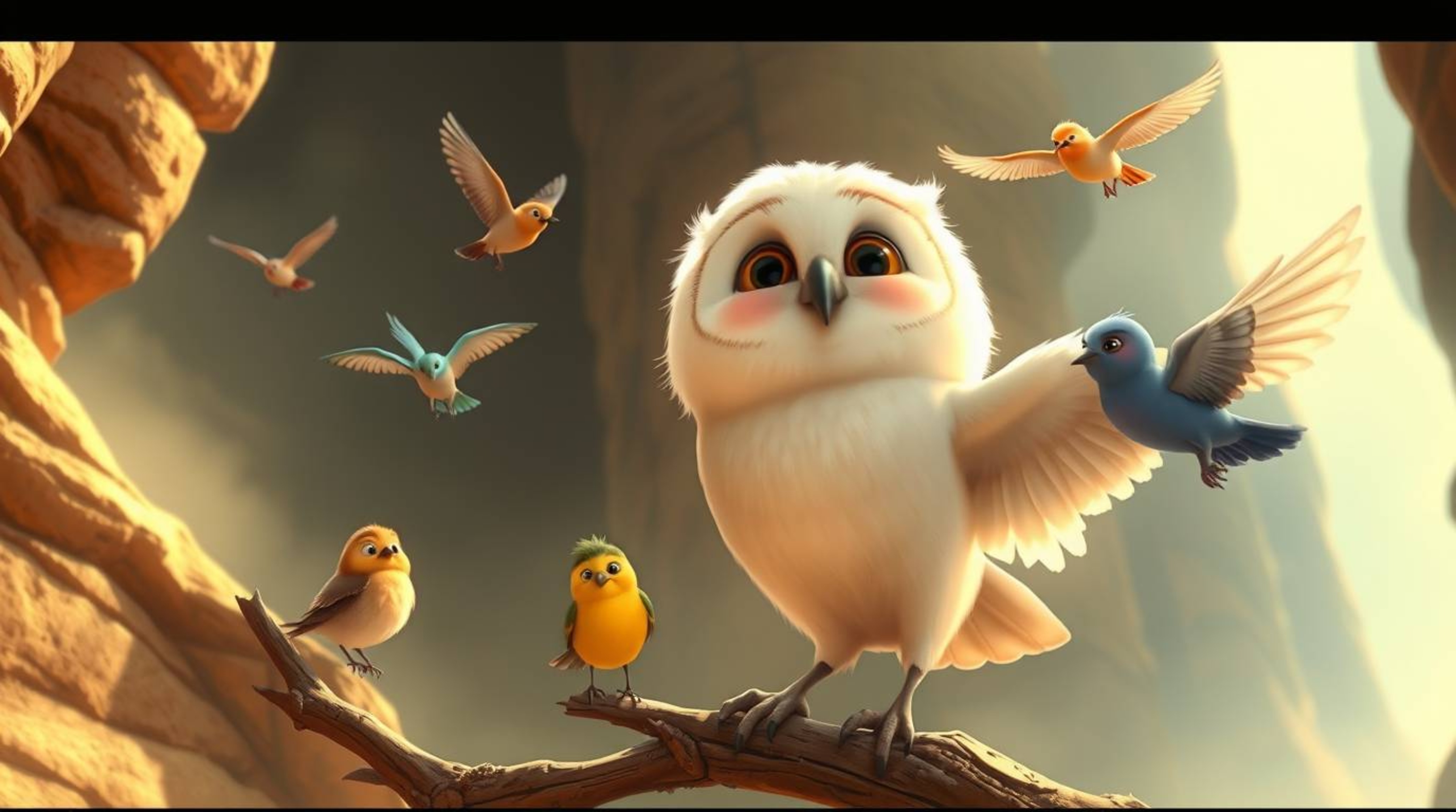 This enchanting digital painting, created in the heartwarming style of Pixar, features a blind owl with fluffy white feathers