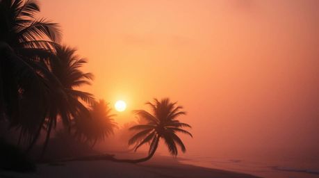 Experience the serene beauty of a tropical beach sunset in this fine art photograph. Warm, soft lighting and a cinematic haze