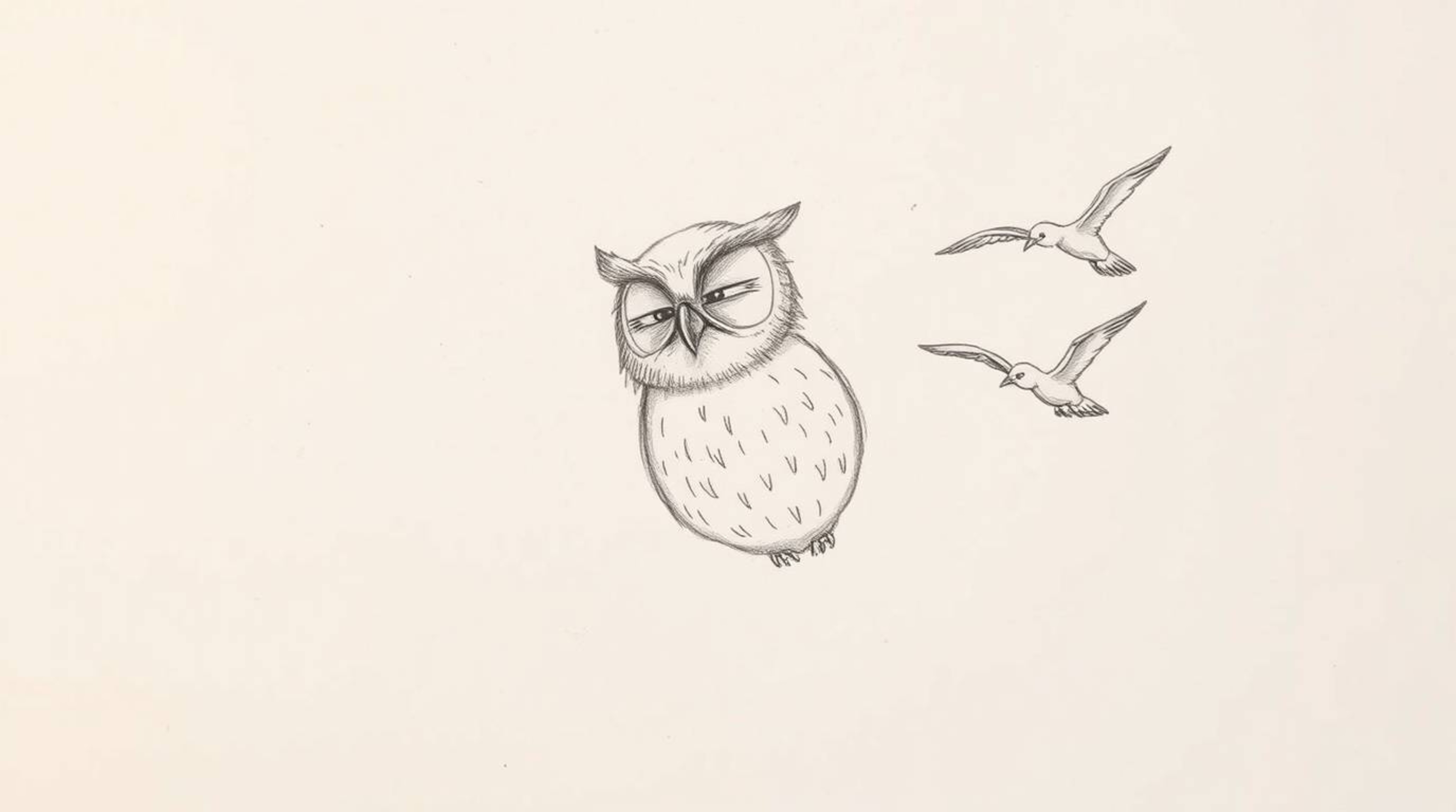 A heartwarming hand-drawn pencil sketch depicting a wise, blind owl with expressive wrinkles, patiently guiding a flock of bi