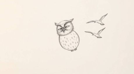 A heartwarming hand-drawn pencil sketch depicting a wise, blind owl with expressive wrinkles, patiently guiding a flock of bi
