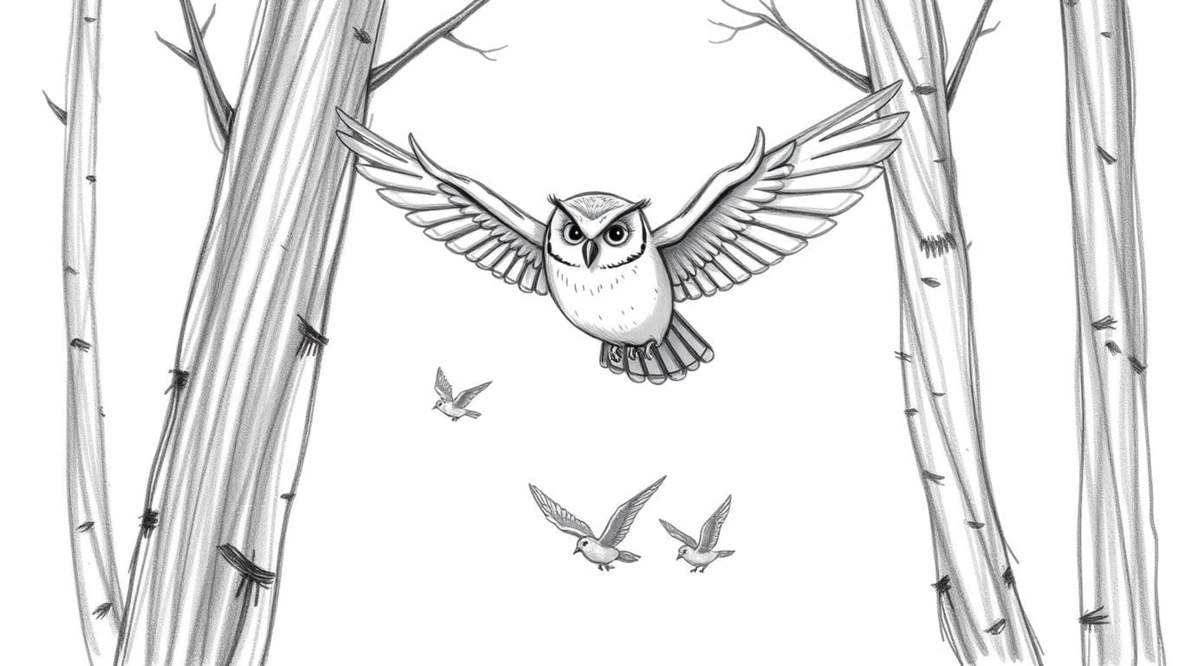 A heartwarming hand-drawn sketch in Pixar style depicting a blind owl in mid-flight, calmly guiding a flock of small birds th