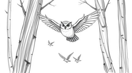 A heartwarming hand-drawn sketch in Pixar style depicting a blind owl in mid-flight, calmly guiding a flock of small birds th