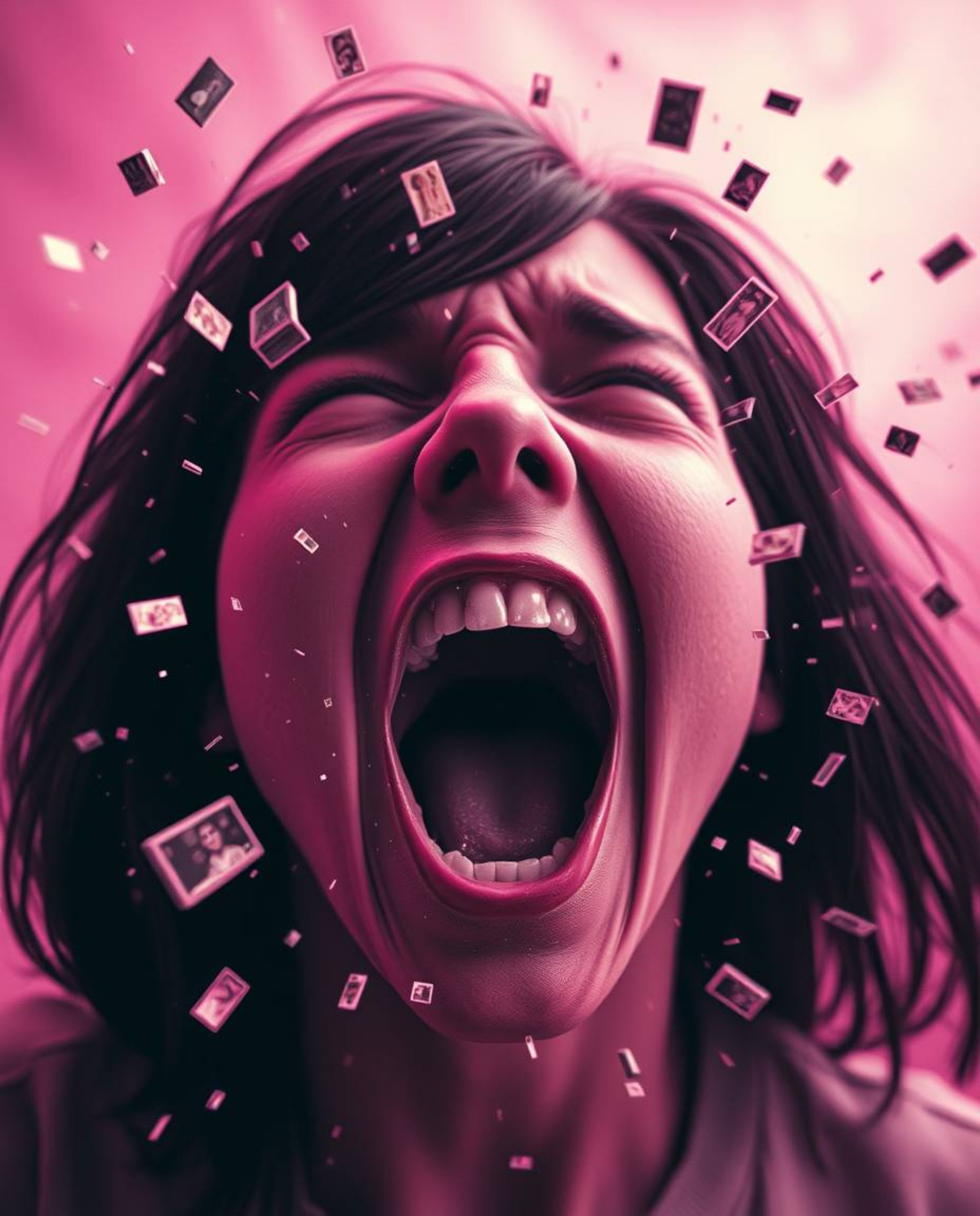 Witness a person's desperate scream as their world fractures into vibrant pixels, captured in a surreal infrared tone. This a