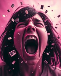Witness a person's desperate scream as their world fractures into vibrant pixels, captured in a surreal infrared tone. This a