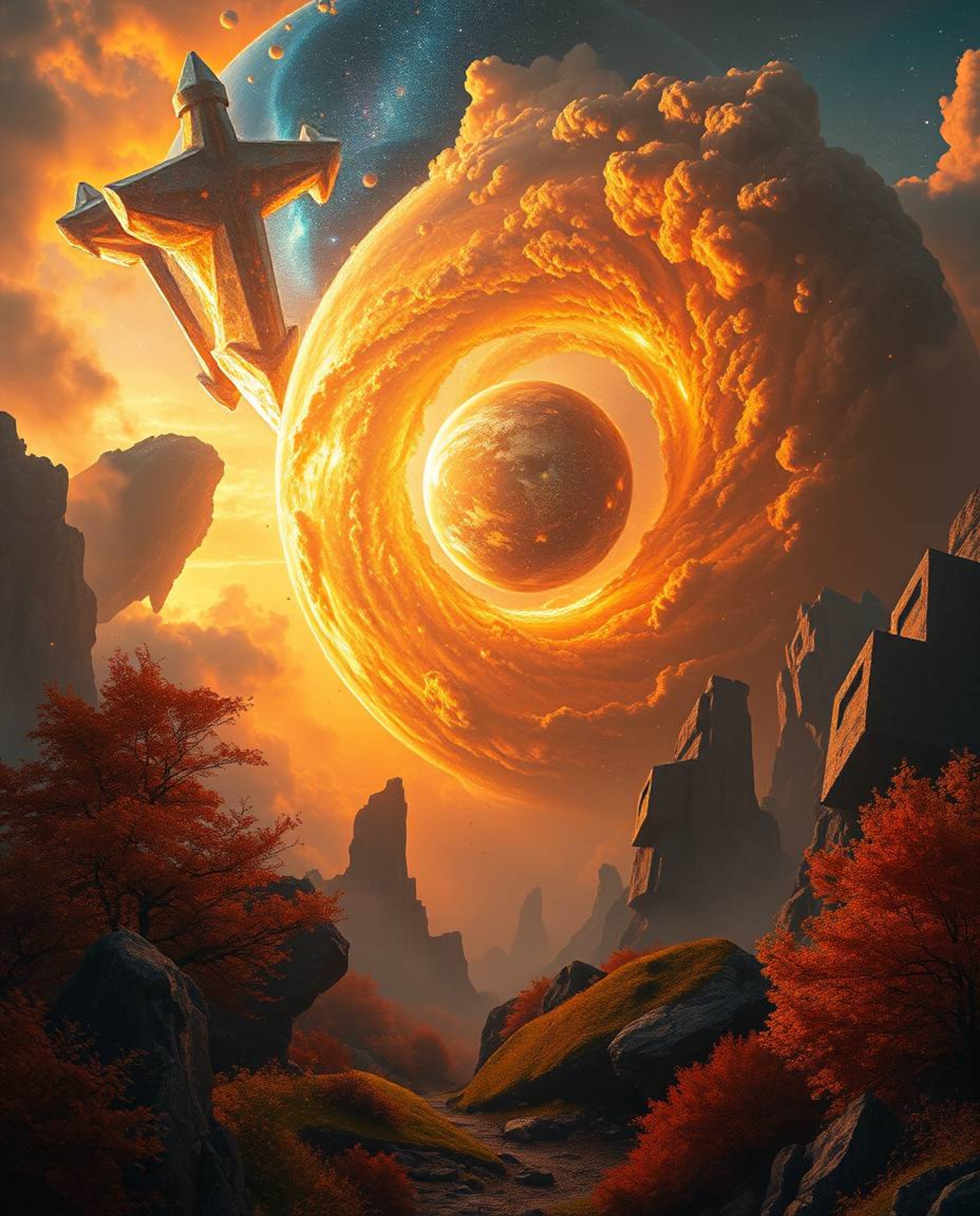 Witness the epic spectacle of colliding galaxies, rendered in warm autumnal hues and infused with heroic elements.  This vibr