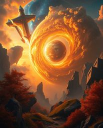 Witness the epic spectacle of colliding galaxies, rendered in warm autumnal hues and infused with heroic elements.  This vibr
