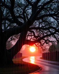 A wet, rainy scene capturing a sunset behind an old oak tree with twisted branches. This image showcases the beauty of a down