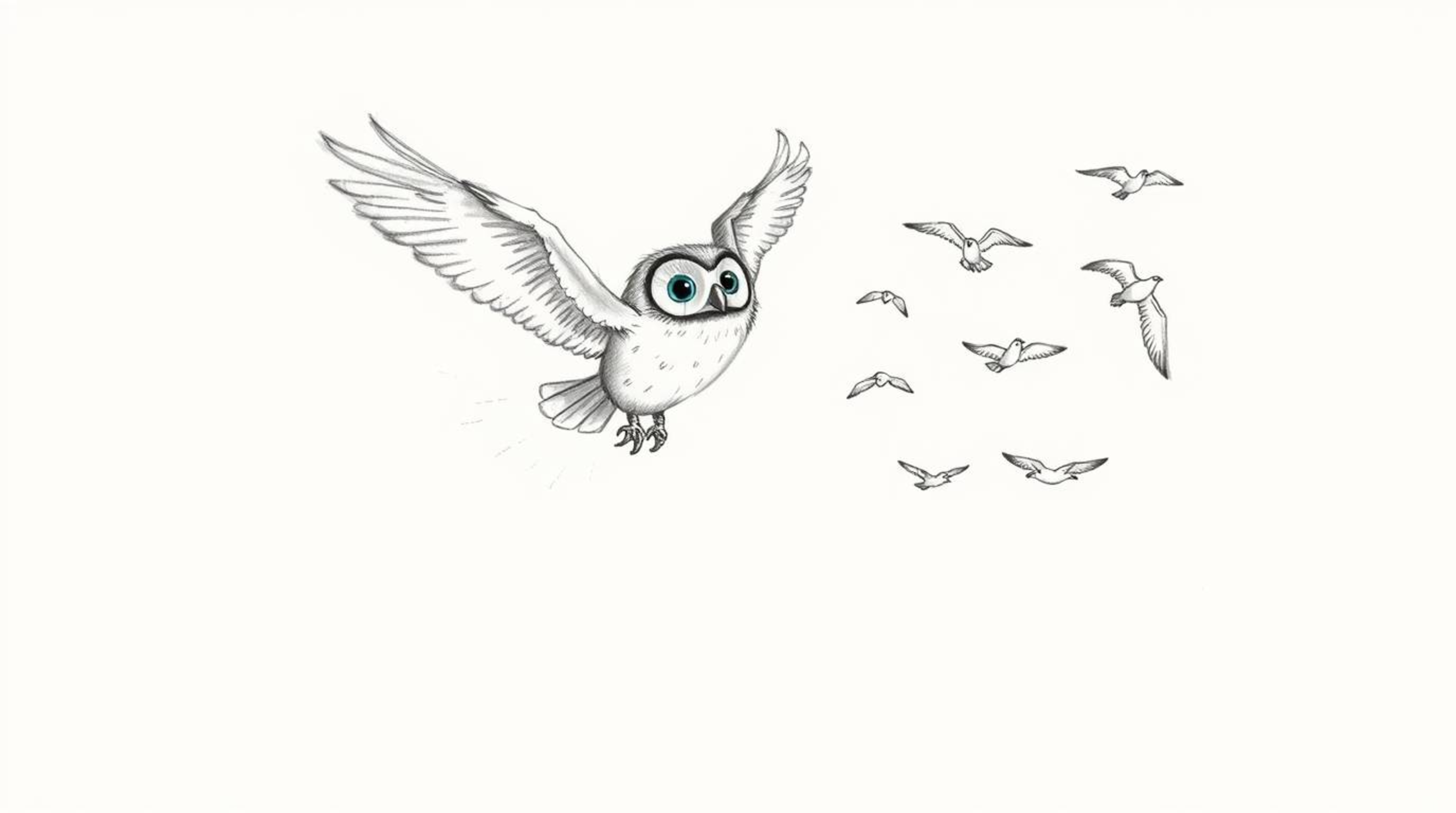 A hand-drawn sketch reminiscent of Pixar's style portrays a captivating scene of a blind owl in mid-flight, guiding a flock o