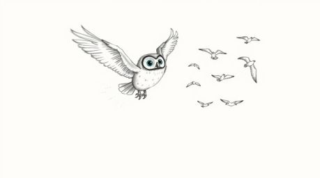 A hand-drawn sketch reminiscent of Pixar's style portrays a captivating scene of a blind owl in mid-flight, guiding a flock o