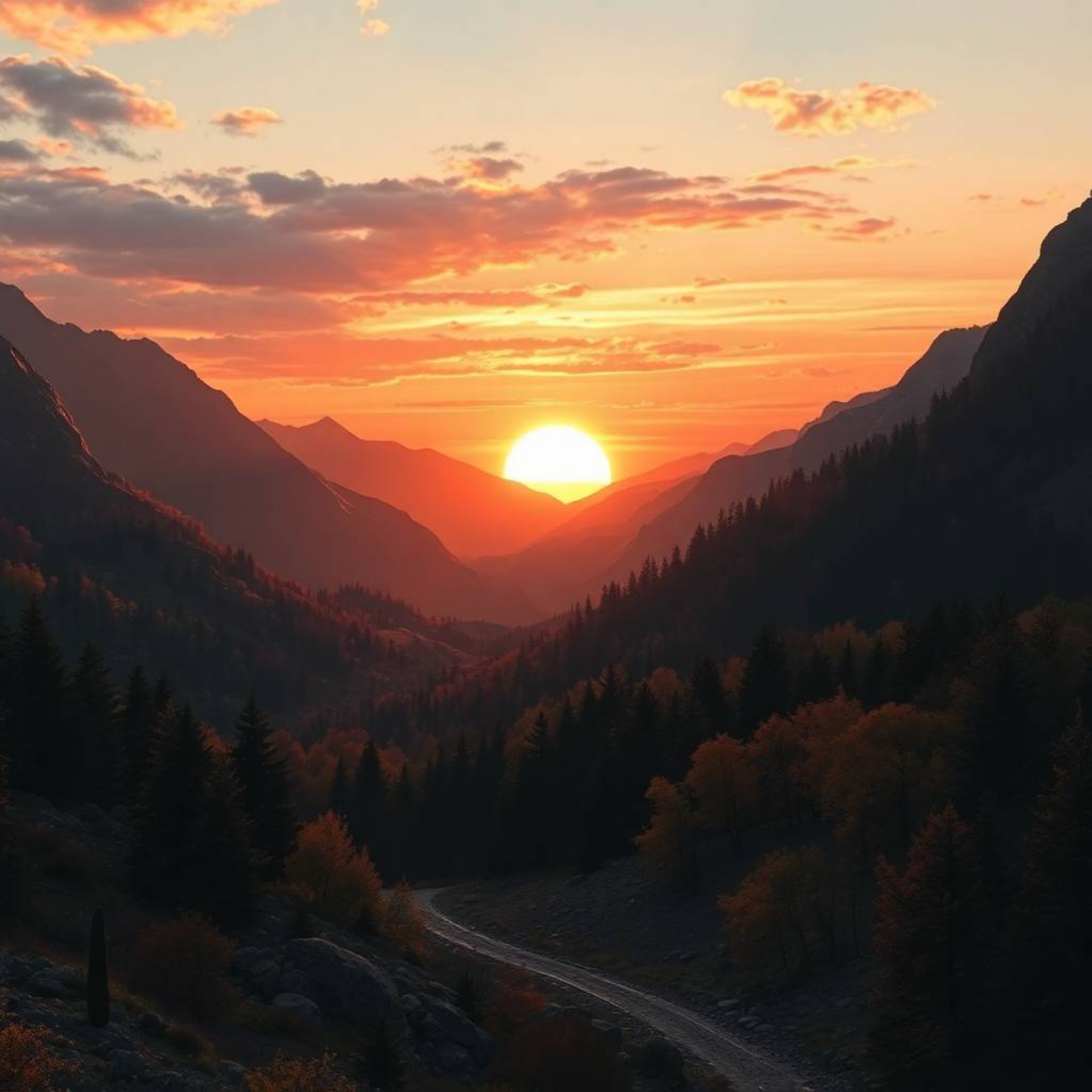 Experience a breathtaking futuristic sunset over a serene mountain valley.  This captivating scene blends warm autumnal hues 
