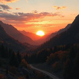 Experience a breathtaking futuristic sunset over a serene mountain valley.  This captivating scene blends warm autumnal hues 