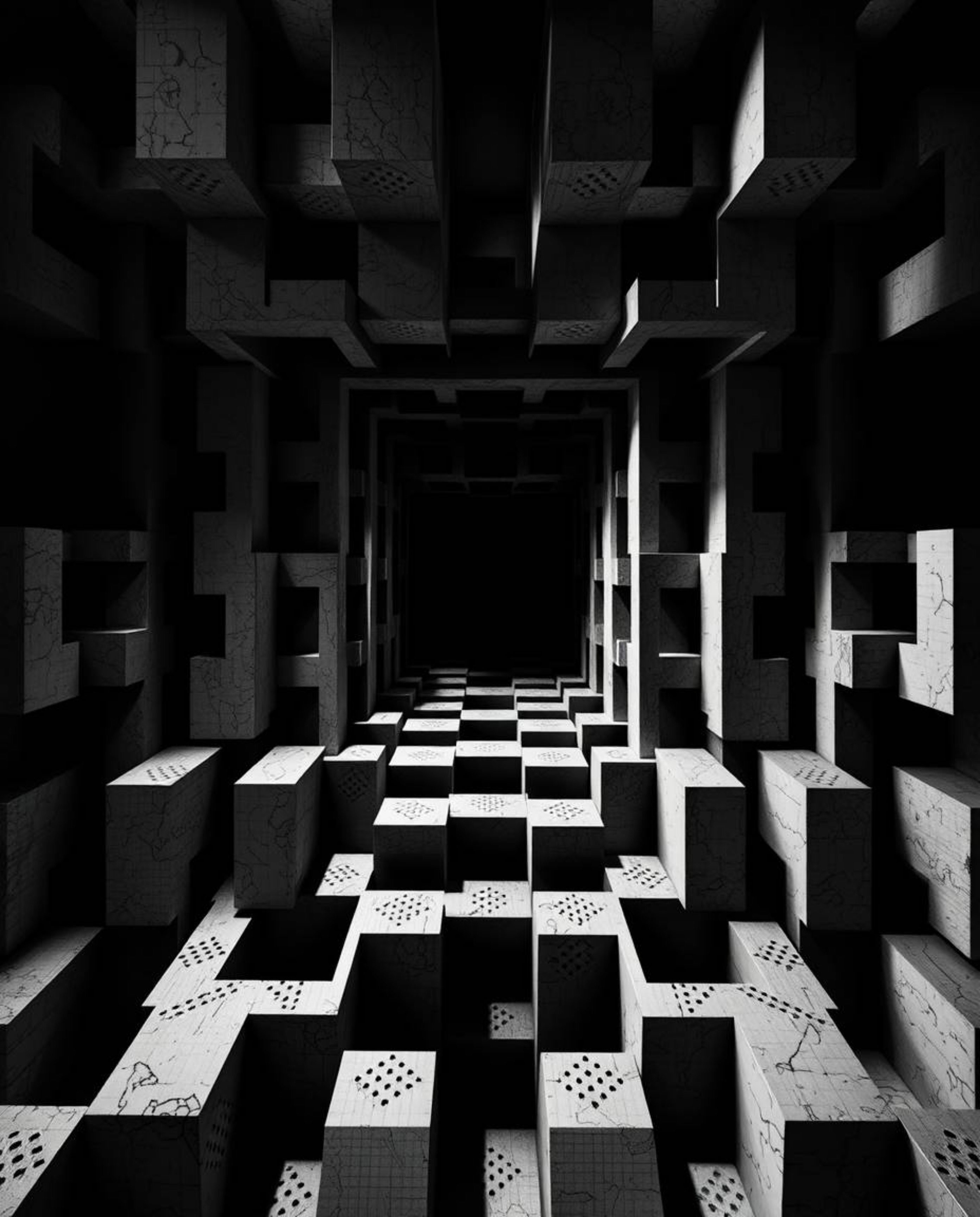 A captivating black and white image showcases a mesmerizing repetition of cube patterns, reminiscent of Escher's impossible g