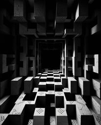 A captivating black and white image showcases a mesmerizing repetition of cube patterns, reminiscent of Escher's impossible g