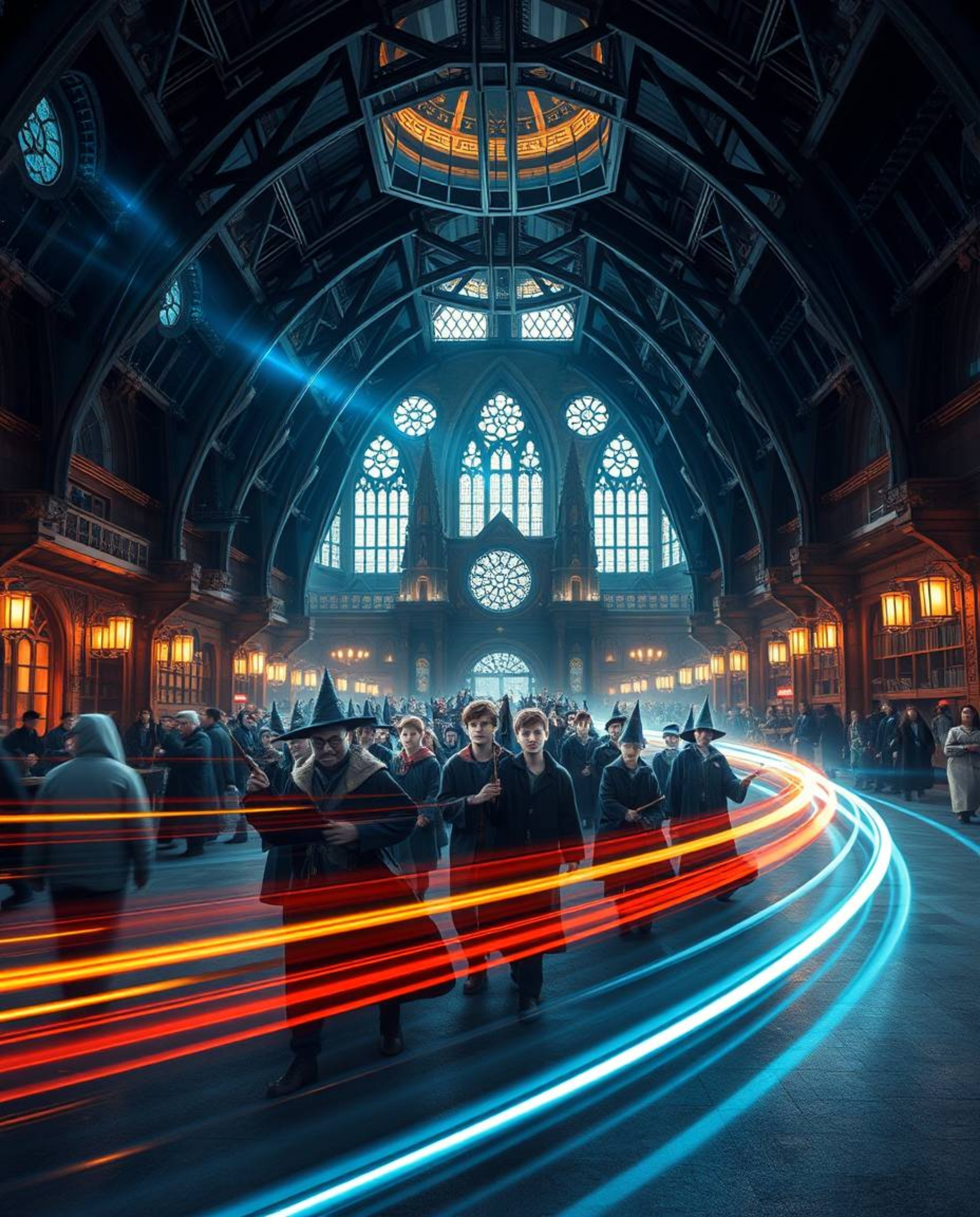 Experience a modern and futuristic grand epic scene of a magical school teeming with young wizards. This captivating photogra