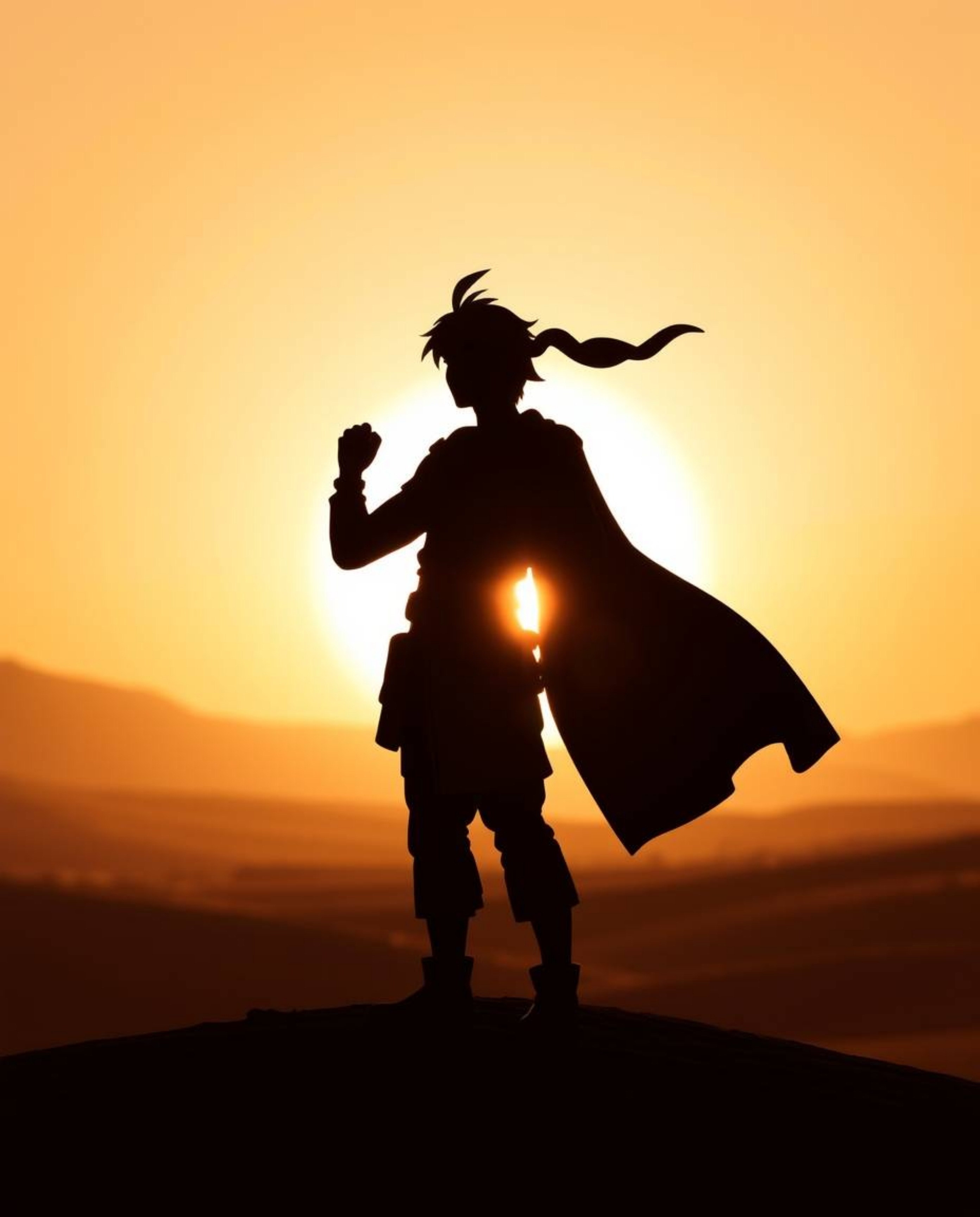 A brave, Disney-style hero embarks on a mystical desert adventure.  Silhouetted against a glowing backdrop, the hero's pose r