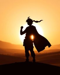 A brave, Disney-style hero embarks on a mystical desert adventure.  Silhouetted against a glowing backdrop, the hero's pose r