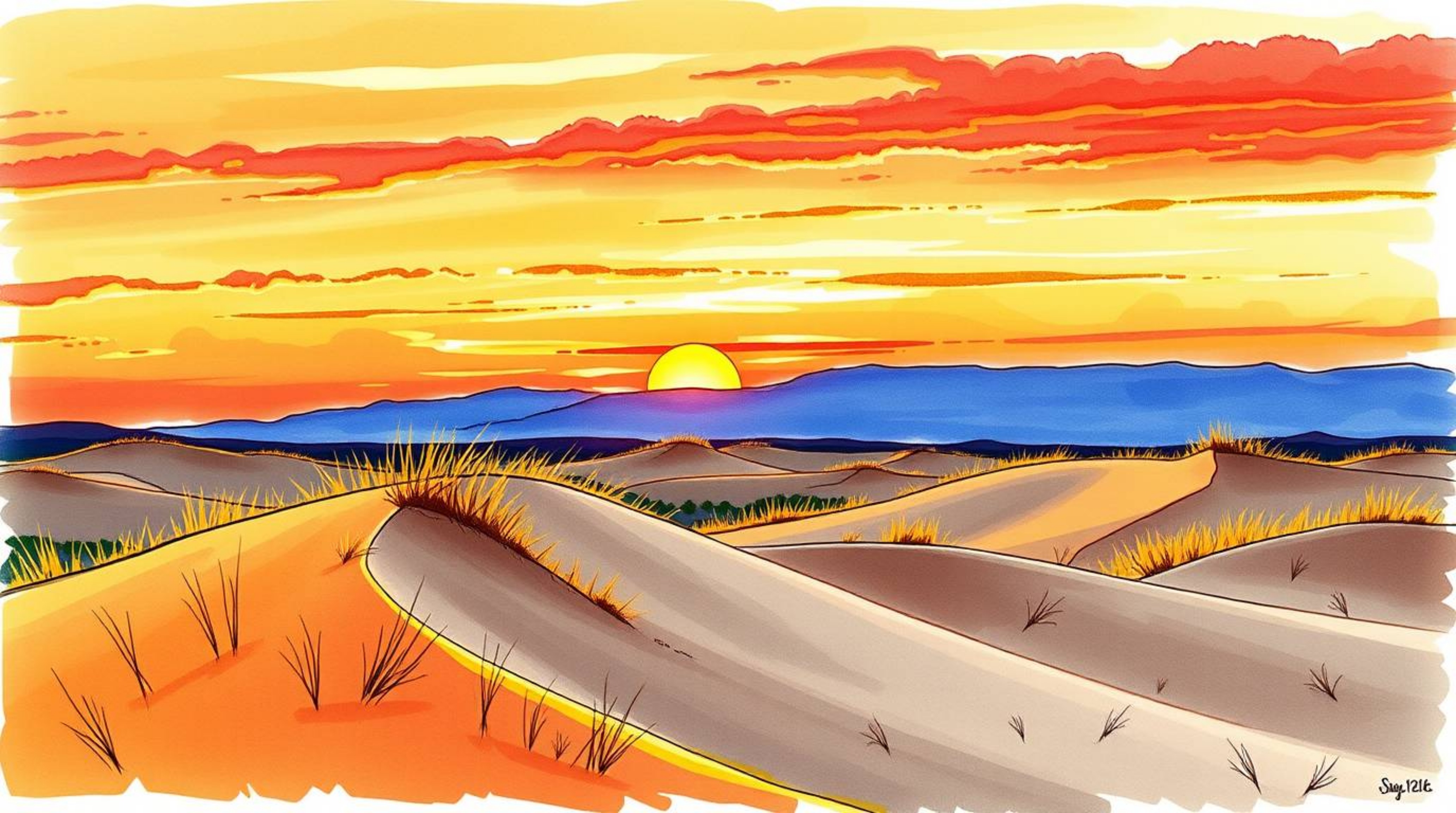 A vibrant color sketchnote depicting a breathtaking sunset over golden desert dunes.  The image showcases contrasting colors 