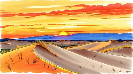 A vibrant color sketchnote depicting a breathtaking sunset over golden desert dunes.  The image showcases contrasting colors 