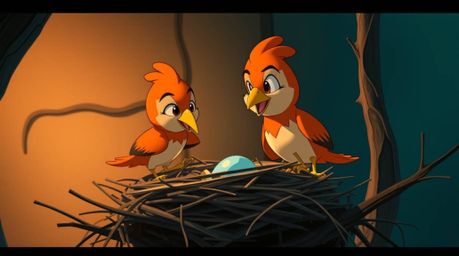 A captivating cinematic illustration showcasing two charming cartoon birds diligently building their nest in a timeless anima