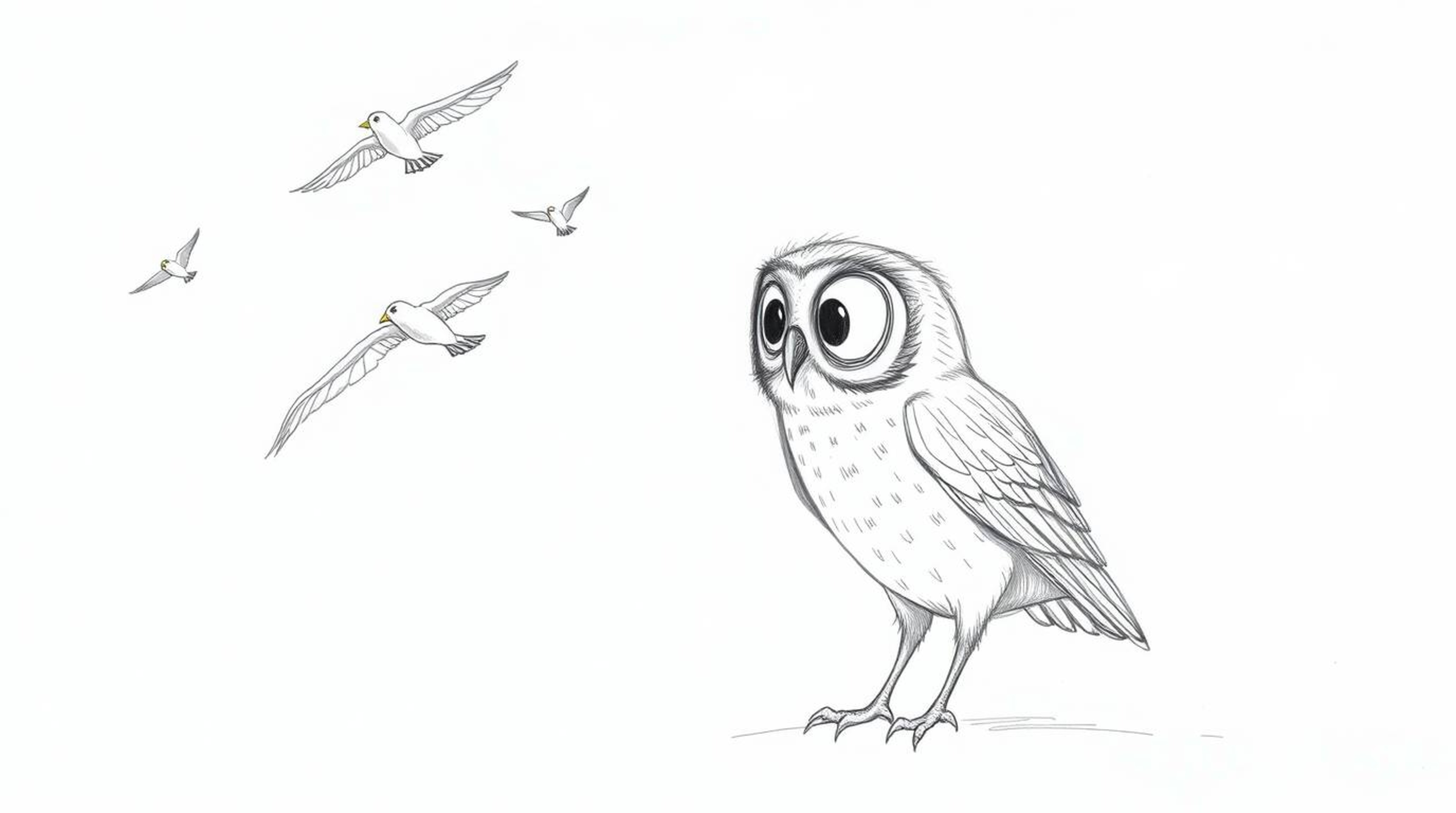 A hand-drawn sketch in the style of Pixar depicts a blind owl with textured pencil strokes, passionately teaching birds how t