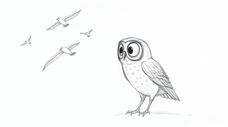 A hand-drawn sketch in the style of Pixar depicts a blind owl with textured pencil strokes, passionately teaching birds how t