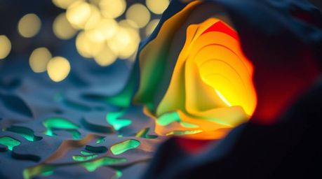Bioluminescent colors illuminate layered papier-mâché sculptures depicting a mesmerizing sunset over icy glaciers. The sharp 