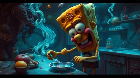 Discover a dreamlike surreal image of a sponge character cooking in a fantastical underwater kitchen.  Rich burgundy and deep