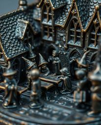 Explore an extreme macro close-up view of a magical school teeming with young wizards, rendered with a cast bronze surface an