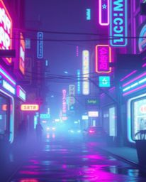 A soft, dreamy image of a pixelated glitch cyberpunk street bathed in neon haze.  Featuring iridescent colors, reflections, a