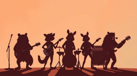 A captivating illustration showcases a band of cartoon animals rocking out against a vibrant terracotta and teal background. 