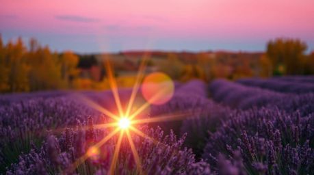 Experience the serene beauty of lavender fields bathed in warm autumn hues and illuminated by a radiant lens flare.  Under a 
