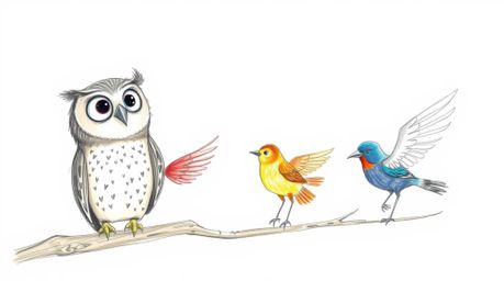 A heartwarming hand-drawn sketch in the style of Pixar depicts a blind owl with gentle features patiently teaching birds to f