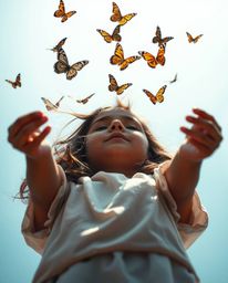 A captivating high-angle shot depicts a girl releasing butterflies into the air, the strong, hard light casting dramatic shad