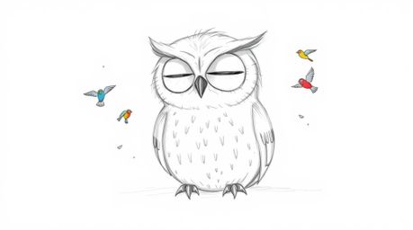 A charming, hand-drawn sketch in the style of Pixar, depicting a blind owl sitting serenely with its large, expressive eyes c