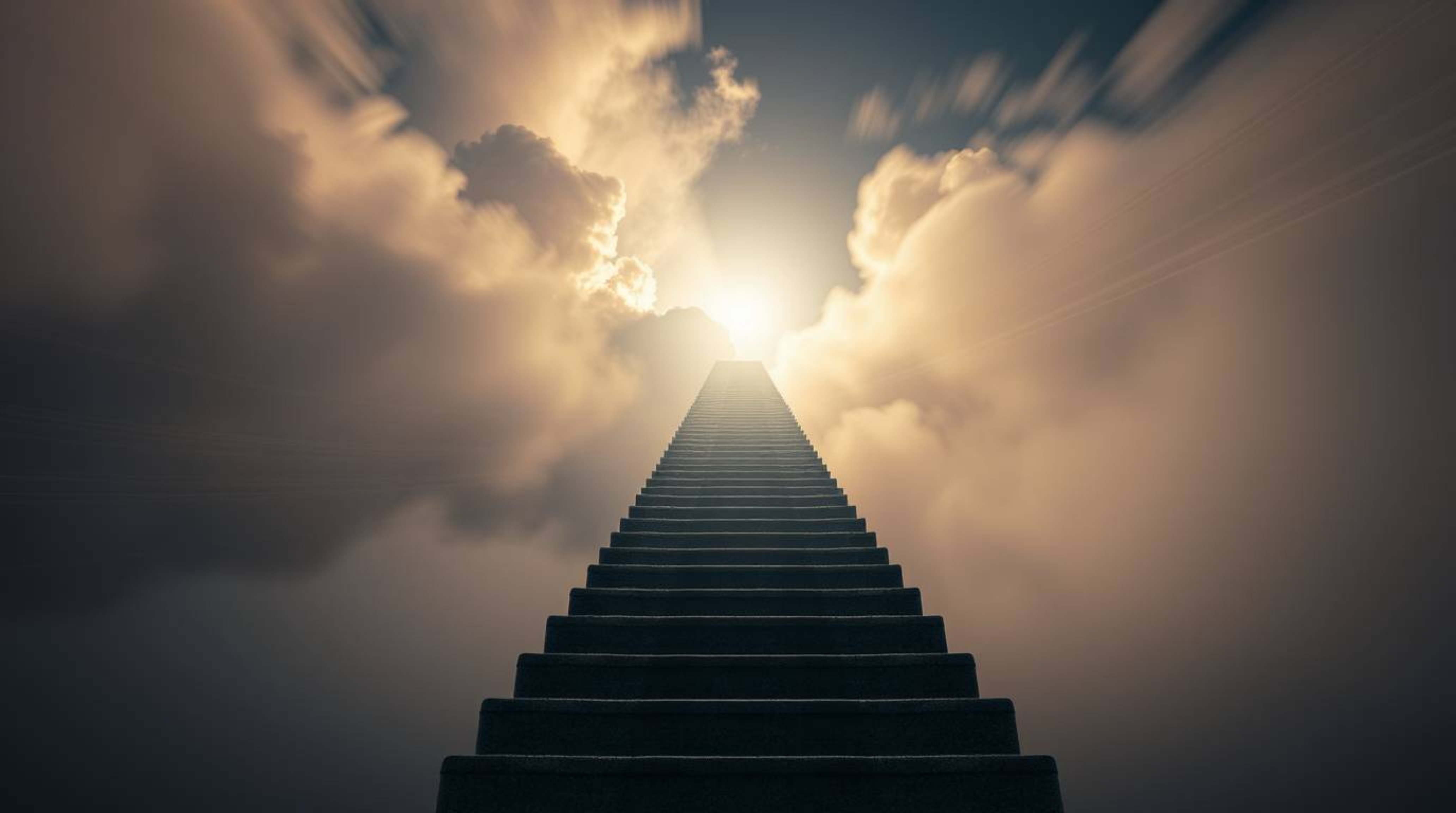 A low-angle, long-exposure photograph captures a surreal stairway ascending through smoky clouds towards a celestial light, s