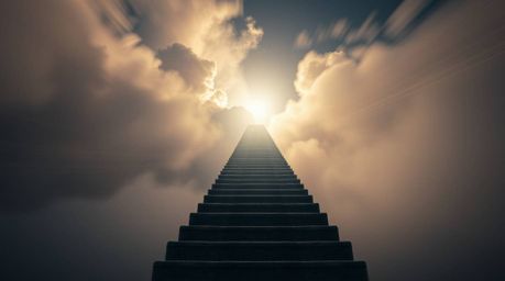 A low-angle, long-exposure photograph captures a surreal stairway ascending through smoky clouds towards a celestial light, s