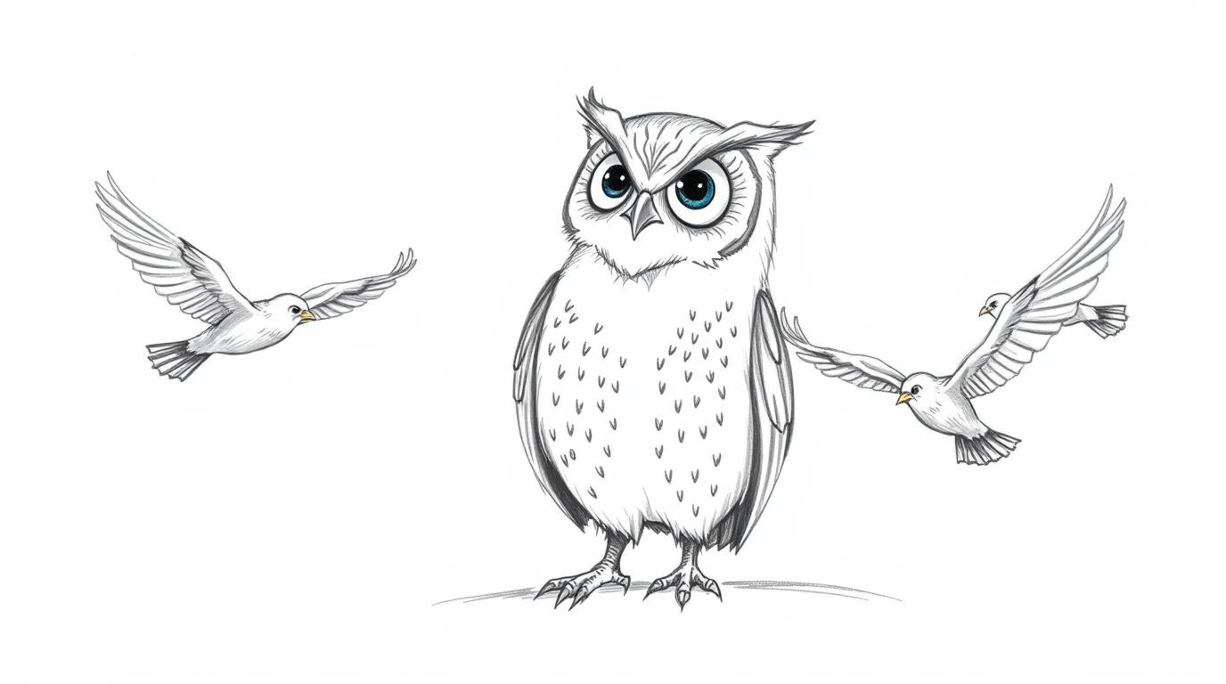 A heartwarming hand-drawn sketch in Pixar style depicting a blind owl patiently teaching young birds to fly. The owl is portr