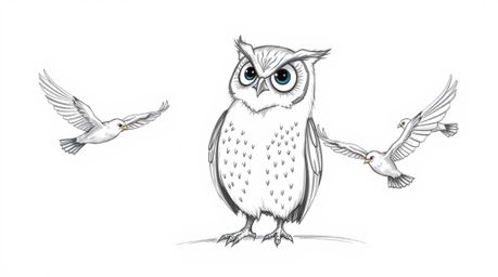 A heartwarming hand-drawn sketch in Pixar style depicting a blind owl patiently teaching young birds to fly. The owl is portr