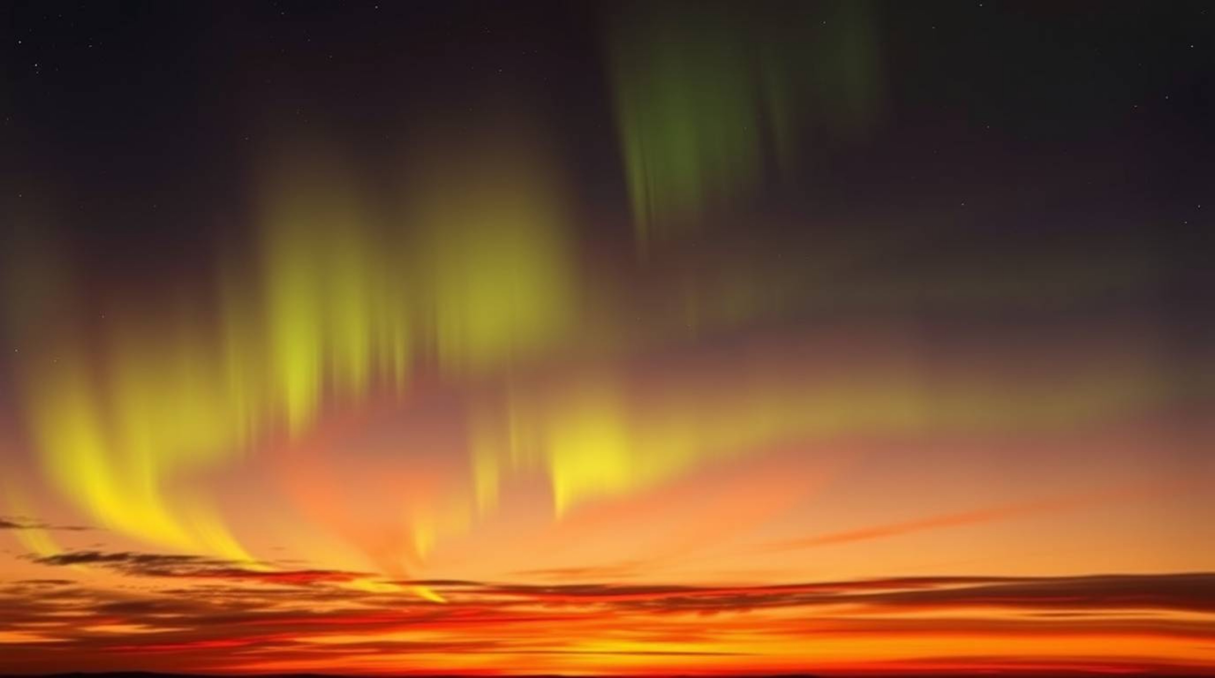Experience the ethereal beauty of the Northern Lights dancing across a vibrant sunset sky. This abstract artwork captures the